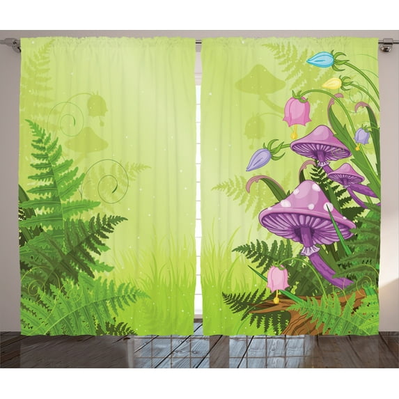 Ambesonne Landscape Curtains 2 Panel Set, Mushroom Flower Magic, 108" x 90", Green Purple
