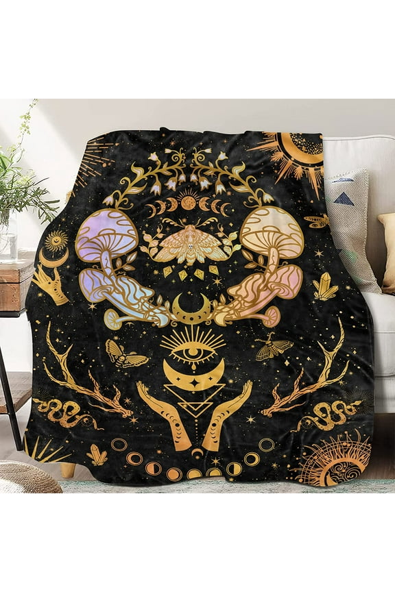 Mushroom Decor, Moth Moon Blanket Witch Gifts for Women Zodiac Witchy Hippie Fleece Blanket Gothic Gifts Sun Moon Throws Blanket 60"x 50"