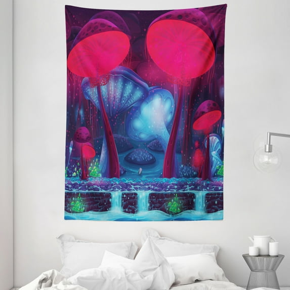 Mushroom Decor Wall Hanging Tapestry, Magic Mushrooms with Vibrant Neon Lights Graphic Image Enchanted Forest Theme Print, Bedroom Living Room Dorm Accessories, 60 X 80 Inches, by Ambesonne