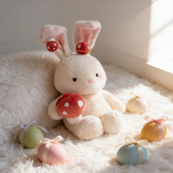 Mushroom Decorated Easter Bunny Plush Toy 15.74 Inch Smooth Short Plush Fabric Round Plush Shape Companion Size Stuffed Rabbit For Festive Home Decor And Gift Giving