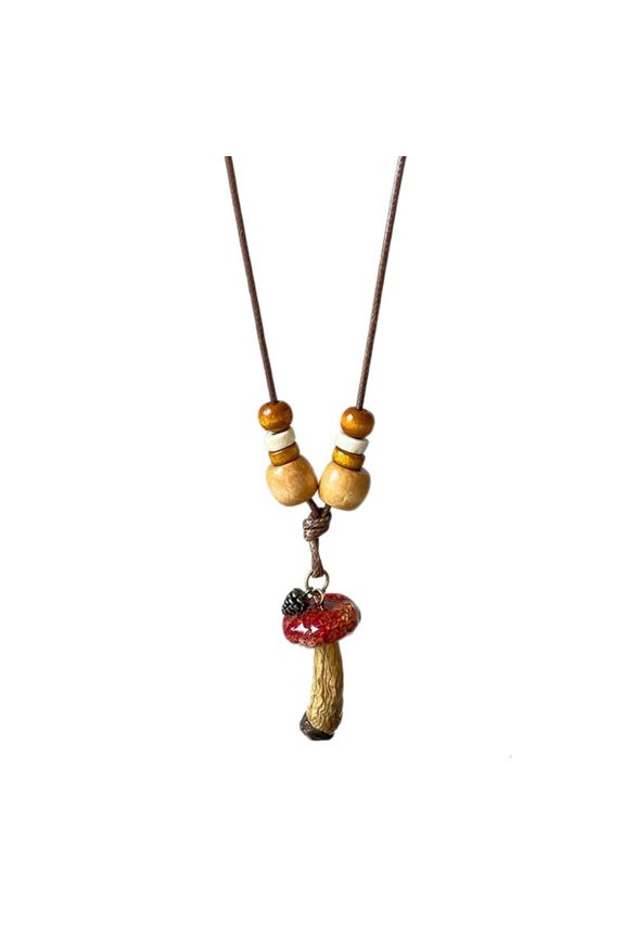 Mushroom Designs Wood Bead Necklace Adjustable for Women Wooden Sweater Chain