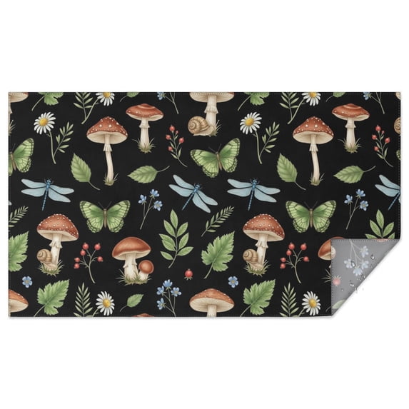 Mushroom and Dragonfly Black Pattern Waterproof Tablecloth, Rectangular ...