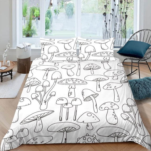 Mushroom Duvet Cover Fungus Bedding Sets Hand Drawn Style Bed Sets Child Cartoon Wild Mushroom Comforter Cover