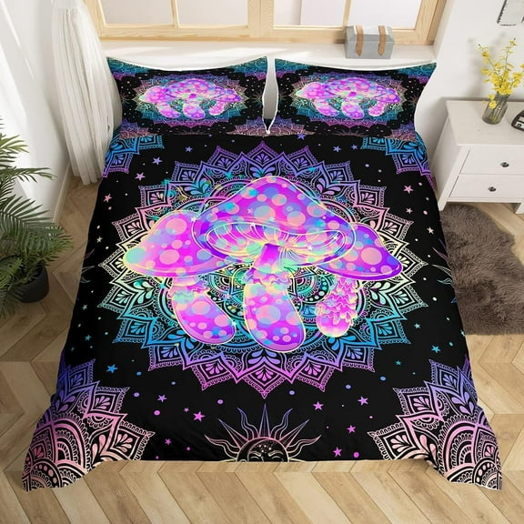 Mushroom Duvet Cover Psychedelic Boho Sun Moon Bedding Set Bohemian Mandala Star Comforter Cover Set Trippy Purple Teal Ombre Bedspread Cover With 2 Pillow Cases King Size