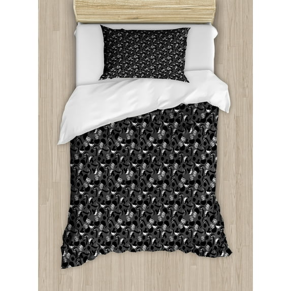 Mushroom Duvet Cover Set, Grunge Style Greyscale Pattern of Creative Toadstools, Decorative 2 Piece Bedding Set with 1 Pillow Shams, Twin Size, Taupe Grey Grey, by Ambesonne
