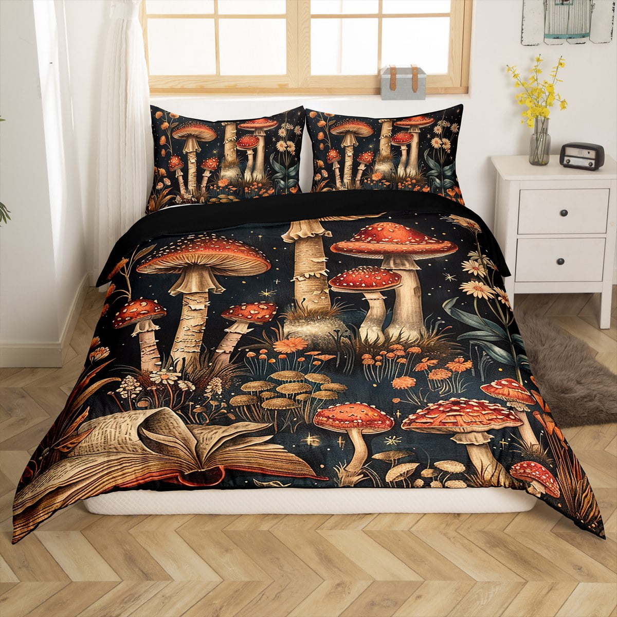 Mushroom Duvet Cover Set,Jungle Wild Burgundy Plants Retro Magical Book ...