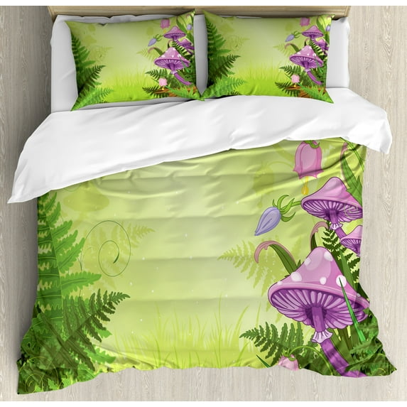 Mushroom Duvet Cover Set, Magic Landscape with Mushrooms Flowers in the Fresh Forest Ferns Cartoon Print, Decorative 3 Piece Bedding Set with 2 Pillow Shams, King Size, Green Purple, by Ambesonne