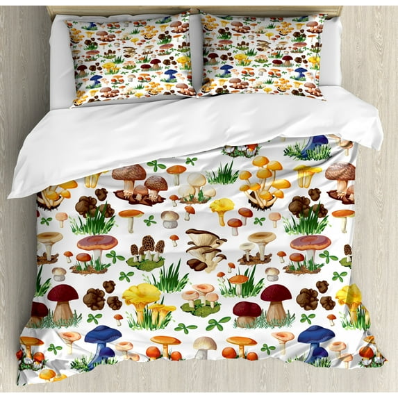 Mushroom Duvet Cover Set, Pattern Types of Mushrooms Wild Species Organic Natural Food Garden Theme, Decorative 3 Piece Bedding Set with 2 Pillow Shams, California King, White Brown, by Ambesonne