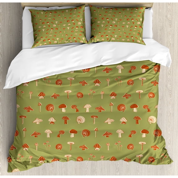 Mushroom Duvet Cover Set, Repetitive Abstract Organic Jungle Plant in Autumn Colors, Decorative 3 Piece Bedding Set with 2 Pillow Shams, Calking Size, Pale Olive Green Beige, by Ambesonne