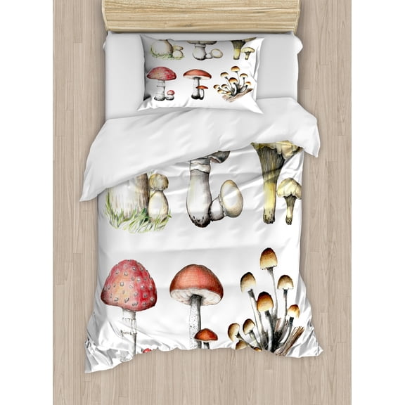 Mushroom Duvet Cover Set Twin Size, Hand Drawn Fungus Pattern Amanita Muscaria Boletus Champignon Retro Illustration, Decorative 2 Piece Bedding Set with 1 Pillow Sham, Multicolor, by Ambesonne