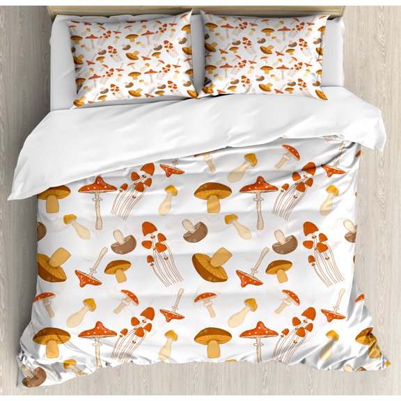 Mushroom Duvet Cover Sets, Repetitive Rural Nature Elements on Plain Background Pattern, Bedding Set with 2 Duvet Covers & 4 Pillowcases, 2 Pack Queen Size, Vermilion Pale Orange, by Ambesonne