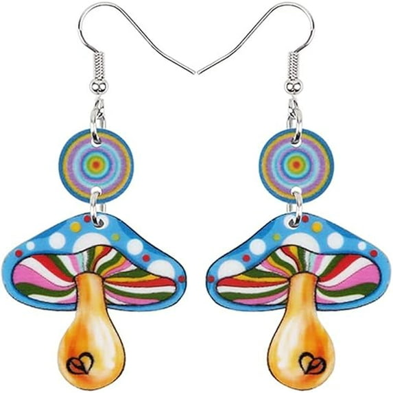 Mushroom Earring Earrings Acrylic Magic Psychedelic Cottage Core Fungus Cap Wonderland Dangle Looking Glass Style Alice Hippie Grateful White Rabbit