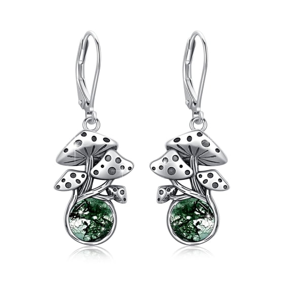 Mushroom Earrings 925 Sterling Silver Moss Agate Mushroom Leverback Earrings Mushroom Dangle Ears Mushroom Jewelry Gifts for Women Birthday Anniversary