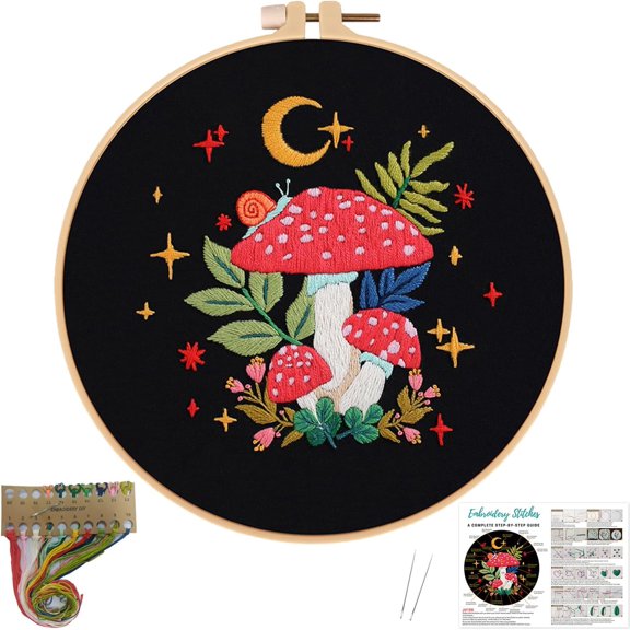 Mushroom Embroidery Kits for Beginner Adults Cross Stitch Kit with Stamped Pattern Include Cloth Hoops Threads Needles