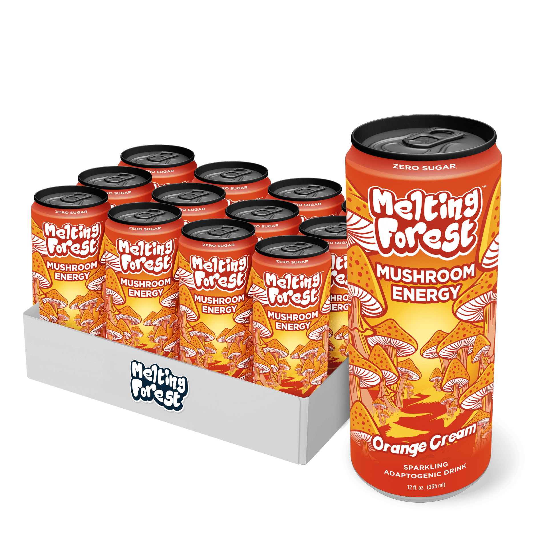 Melting Forest Mushroom Sparkling Water, Orange Cream Energy Drink, Flavored Water, Mushroom-Infused Seltzer, 5 Calories & Zero Sugar - 12 Pack