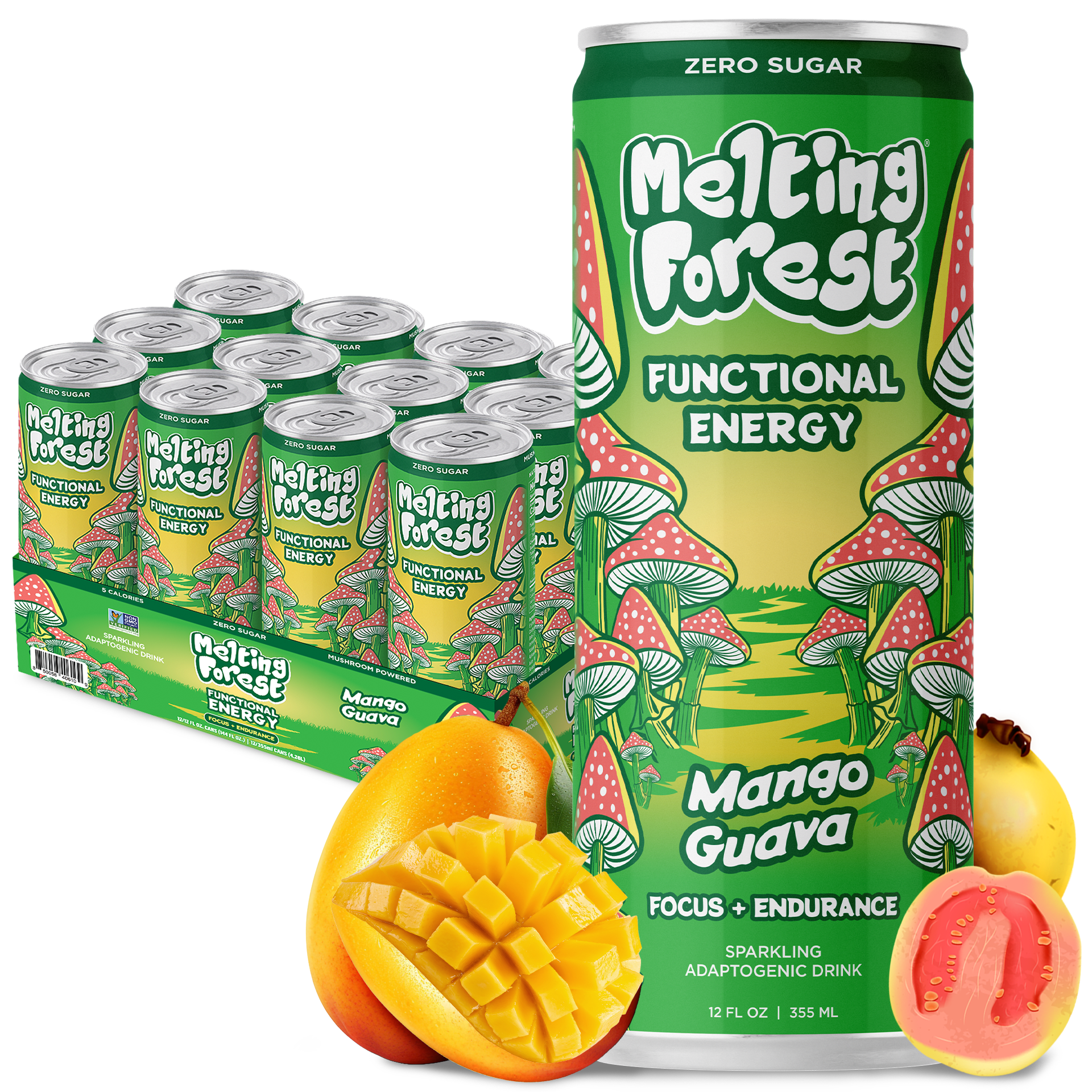 Melting Forest Mango Guava Mushroom Energy Drink, Lion's Mane & Cordyceps, Zero Sugar 12 Pk