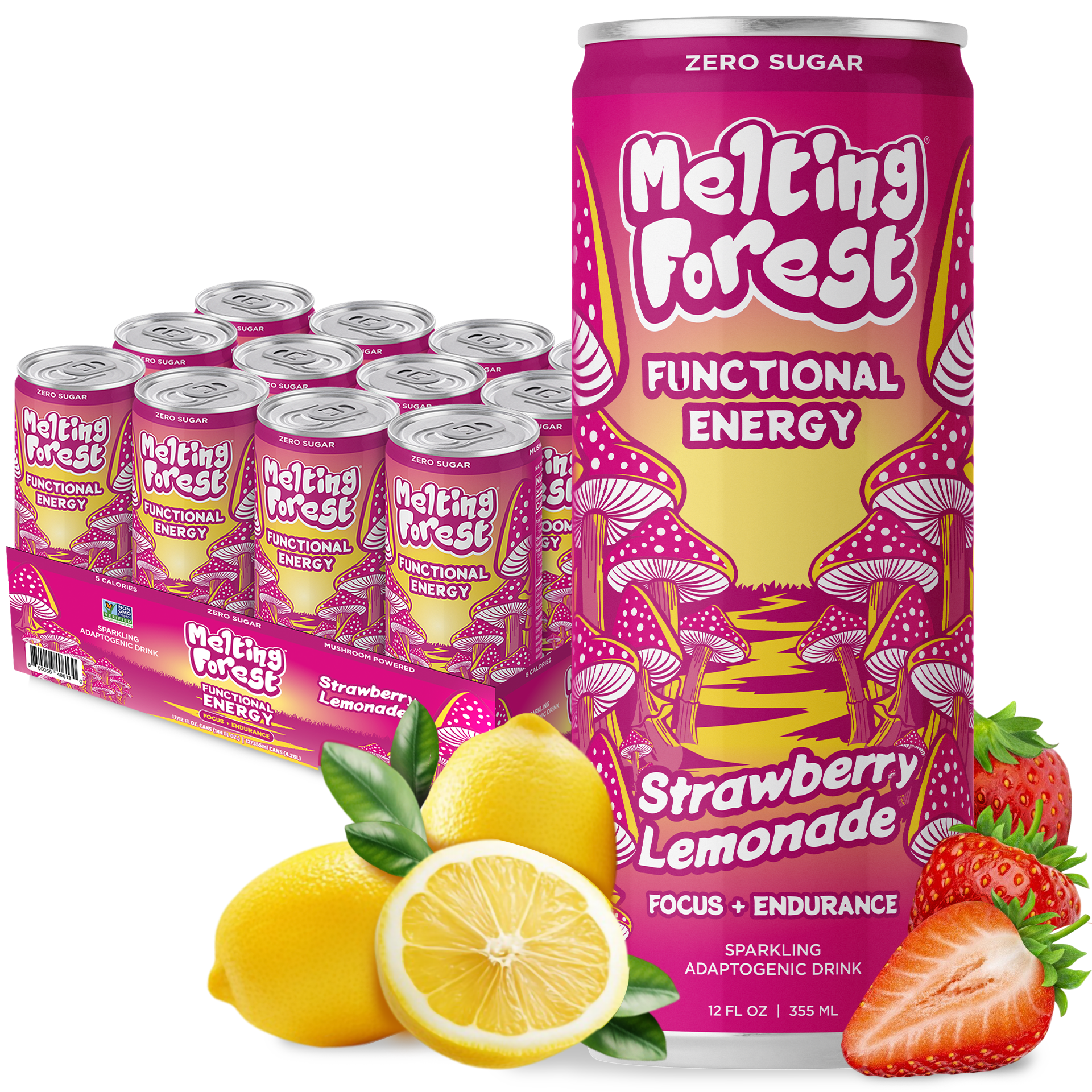 Melting Forest Strawberry Lemonade Mushroom Energy Drink, Lion's Mane, Cordyceps, 12 Pack