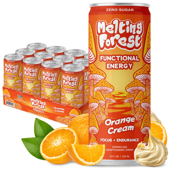 Melting Forest Mushroom Sparkling Water, Orange Cream Energy Drink, Flavored Water, Mushroom-Infused Seltzer, 5 Calories & Zero Sugar - 12 Pack