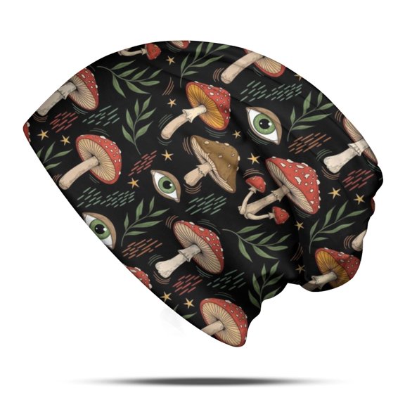 Mushroom and Eye Black Pattern Slouchy Beanie Hat, Sleep Head Covering with Stretchy Fabric & Soft Texture, Heat Retaining Gifts for Birthday Christmas Thanksgiving