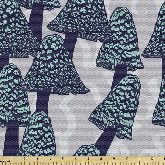Ambesonne Mushroom Fabric by the Yard Upholstery, Abstract Art Wild Forest, 1 Yard, Indigo and Turquoise