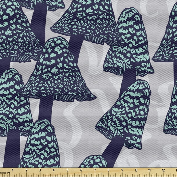 Ambesonne Mushroom Fabric by the Yard Upholstery, Abstract Art Wild Forest, 5 Yards, Indigo and Turquoise