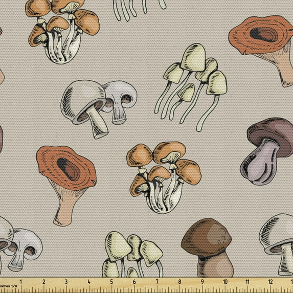 Ambesonne Mushroom Fabric by the Yard Upholstery, Autumnal Woodland Theme, 1 Yard, Pale Tan and Multicolor