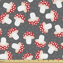 Ambesonne Mushroom Fabric by the Yard Upholstery, Cartoon Amanita Mushrooms, 2 Yards, Dark Coral White