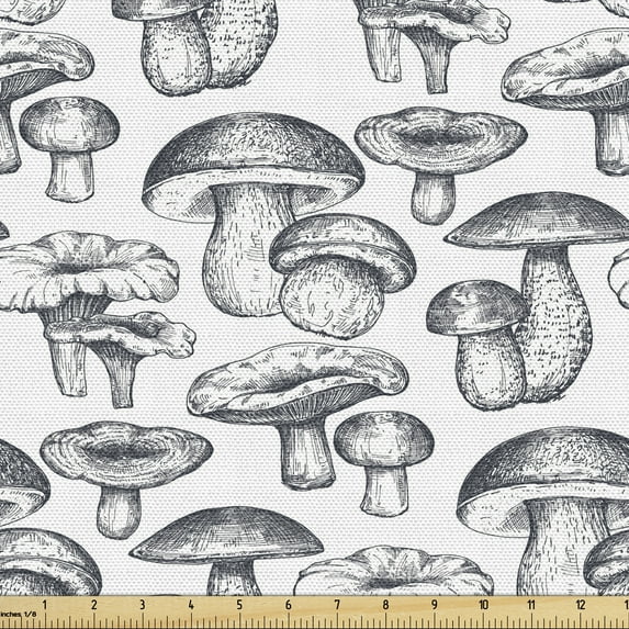 Ambesonne Mushroom Fabric by the Yard Upholstery, Wild Sketch Forest Botany, 1 Yard, Purpleblue and White