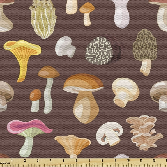 Ambesonne Mushroom Fabric by the Yard Upholstery, Autumn Tones Woodland Art, 2 Yards, Umber Multicolor