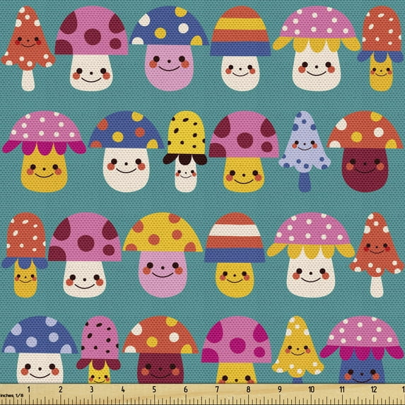 Ambesonne Mushroom Fabric by the Yard Upholstery, Shapes and Dots, 1 Yard, Dark Seafoam Multicolor