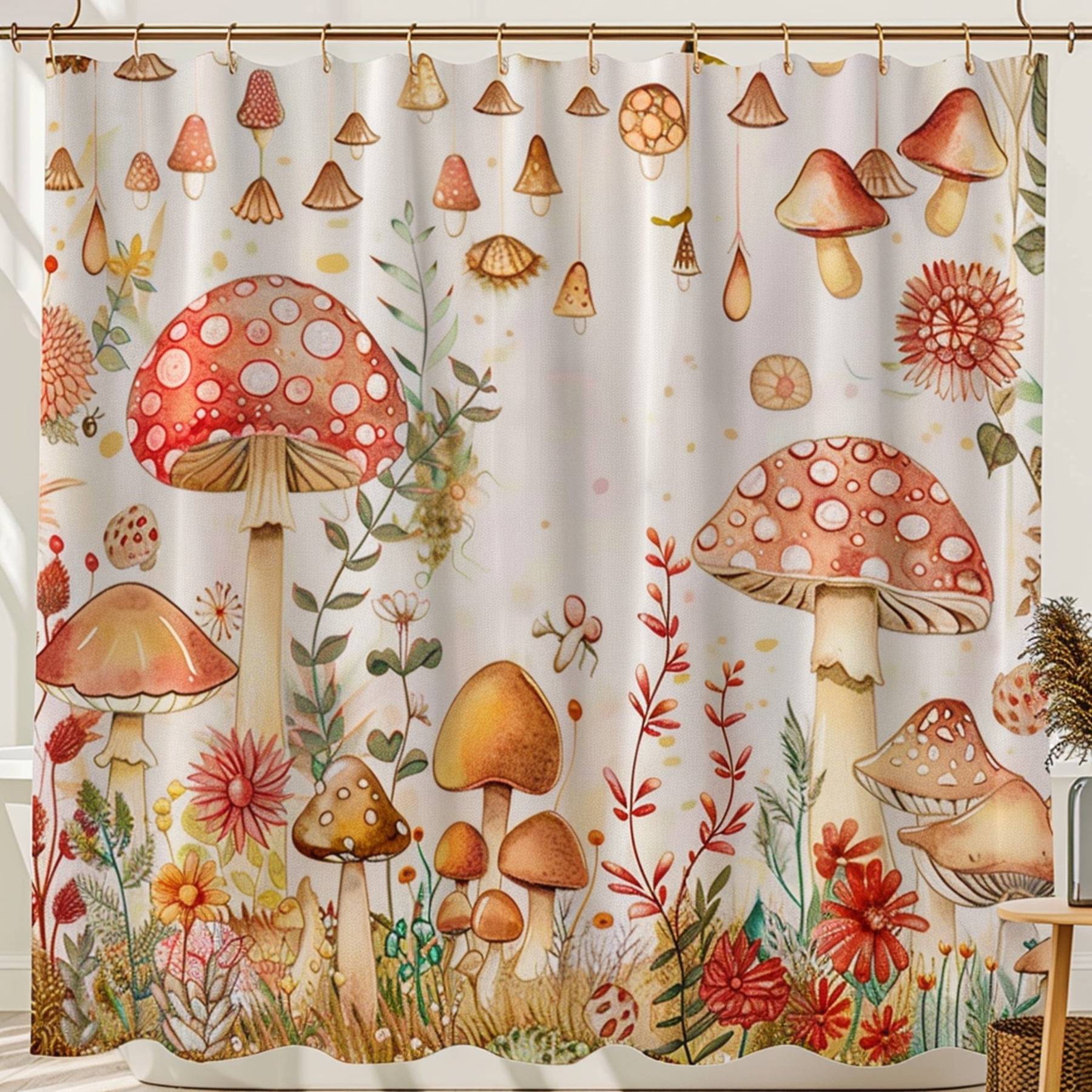 Mushroom Fairy Garden Shower Curtain Cute Cartoon Style with Watercolor