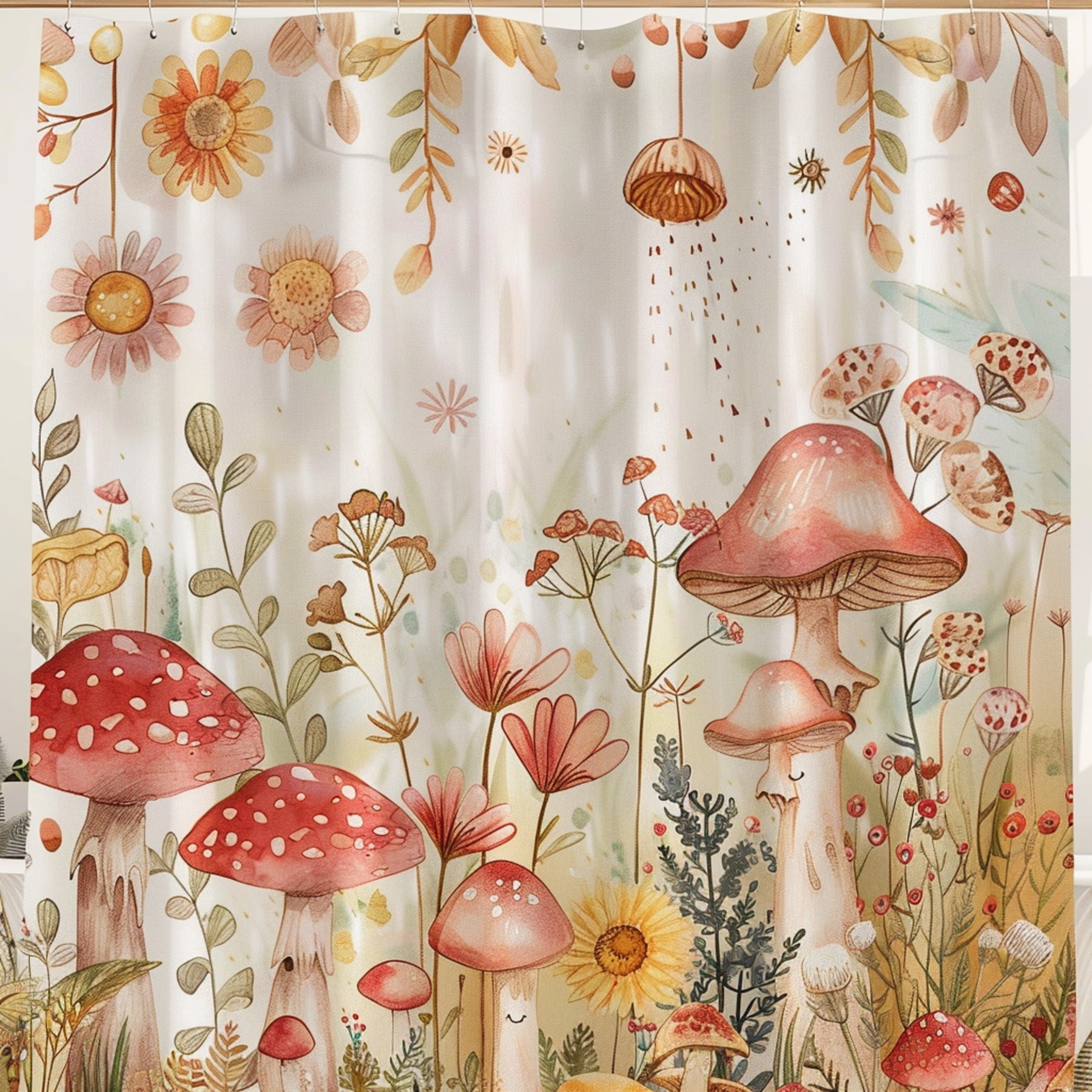 Mushroom Fairy Garden Shower Curtain Cute Cartoon Style with Watercolor