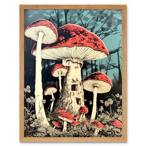 Mushroom Fairy House Pastel Red Blue Green Magical Forest Fantasy Concept Kitchen Art Print Framed Poster Wall Decor 12x16 inch