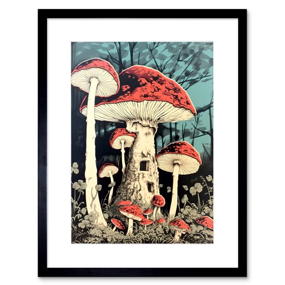 Mushroom Fairy House Pastel Red Blue Green Magical Forest Fantasy Concept Kitchen Artwork Framed Wall Art Print 9X7 Inch