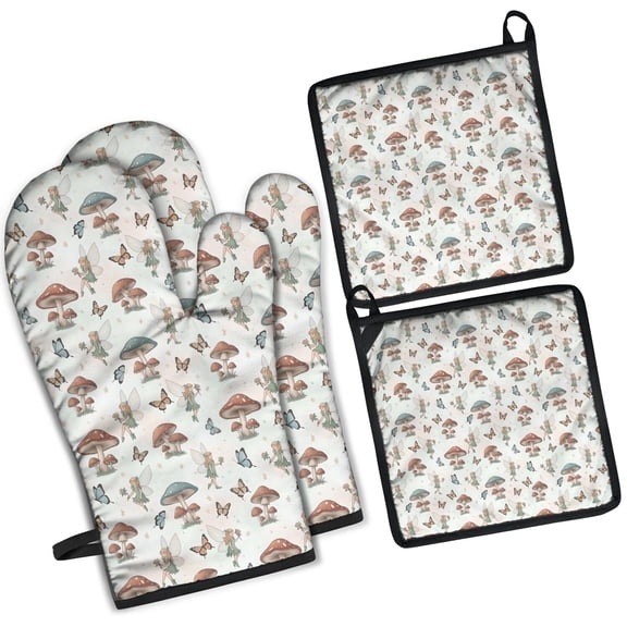 Mushroom Fairy Princess Pattern Kitchen Oven Mitt and Pot Holder Sets 2 Pcs for Baking, Cooking and Grilling, Heat Resistant Up To 392 °F