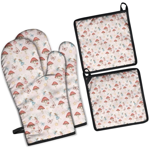 Mushroom Fairy Princess Pattern Kitchen Oven Mitt and Pot Holder Sets 2 Pcs for Baking, Cooking and Grilling, Heat Resistant Up To 392 °F