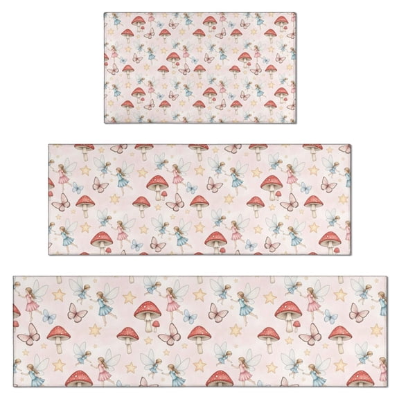 Mushroom Fairy Princess Pattern Kitchen Rugs Sets Of 3,Kitchen Runner Rugs Non Skid Washable,Decorative Kitchen Floor Mats for Kitchen,Sink,Laundry,17"x30"+ 17"x47" + 17"x59"
