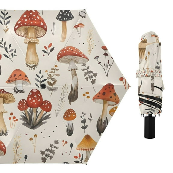 Mushroom Fallen Leaves Compact Sun Umbrella Windproof Travel Umbrellas for Rain Strong Portable UV Protection