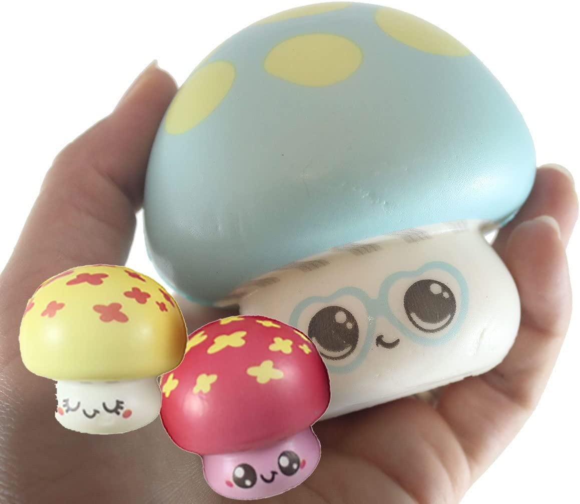 Mushroom Family - 3 Cute Mushroom Slow Rise Squishy Toys - Memory Foam Party Favors, Prizes, OT (Random Colors)