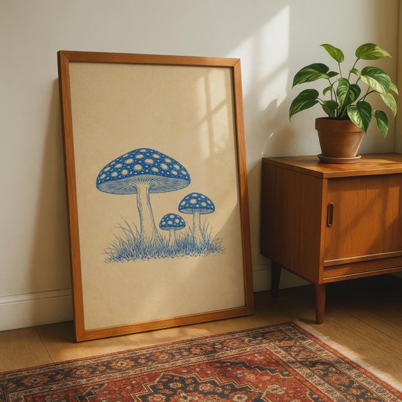 Mushroom Featuring Three Fungi With Grassy Background Poster , Poster Print Only