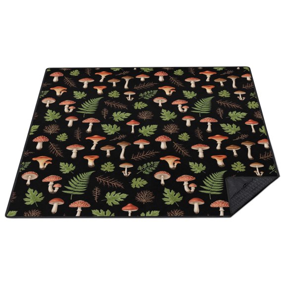 Mushroom and Fern Black Pattern Waterproof Picnic Blanket, 3-Layer Beach Mat with Corner Pockets & Carry Straps, Sand Resistant Gifts for Picnic Beach Camping,80"x80"
