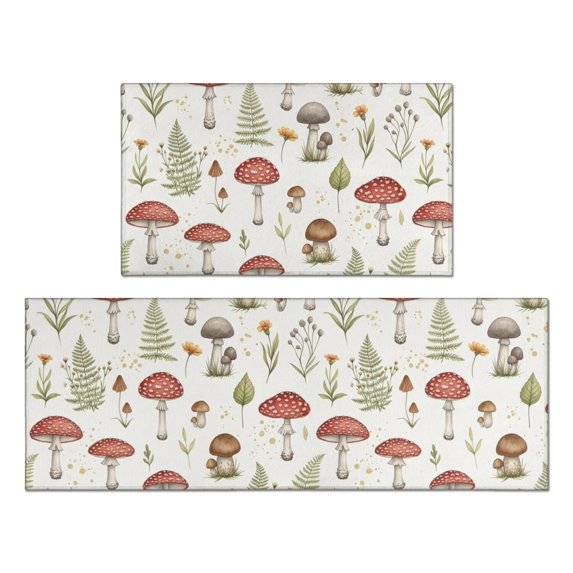 Mushroom and Fern White Pattern Anti Fatigue Kitchen Rugs Set Of 2, Non Slip Washable Decorative Floor Mats for Kitchen Sink Laundry, 17"x30" and 17"x47"