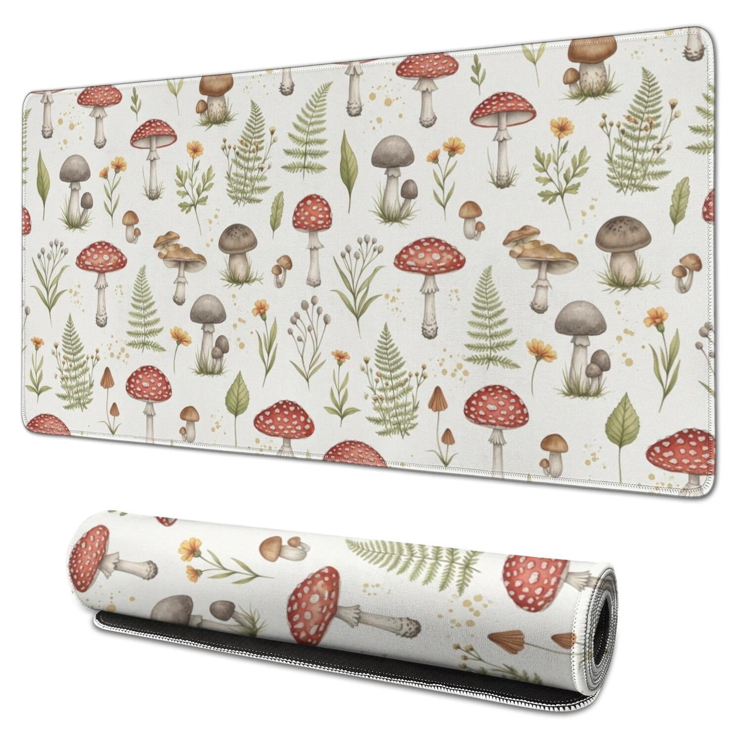 Mushroom and Fern White Pattern Extended Large Mouse Pad, Desk ...