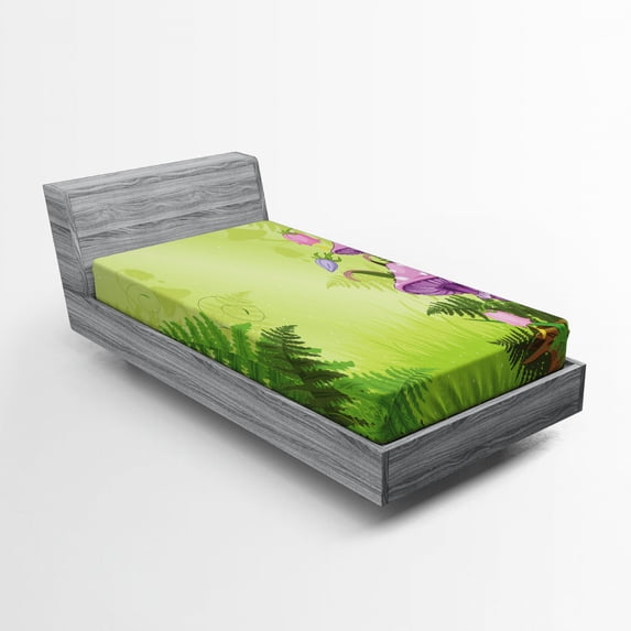 Ambesonne Landscape Fitted Sheet, Mushroom Flower Magic, Twin Size, Green Purple