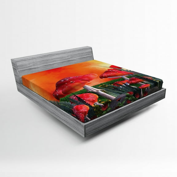 Mushroom Fitted Sheet, Mushrooms Magic Place Imaginary Clouds Clipart Leaves Poppies Spellbound, Soft Decorative Fabric Bedding, Full Size, Orange Red Taupe, by Ambesonne