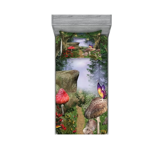 Mushroom Fitted Sheet & Pillow Sham Set, Enchanted Nature Pathway Butterflies Landscape Rocks, Decorative Printed 4 Piece Bedding Decor Set, Twin, Tan Green Red, by Ambesonne
