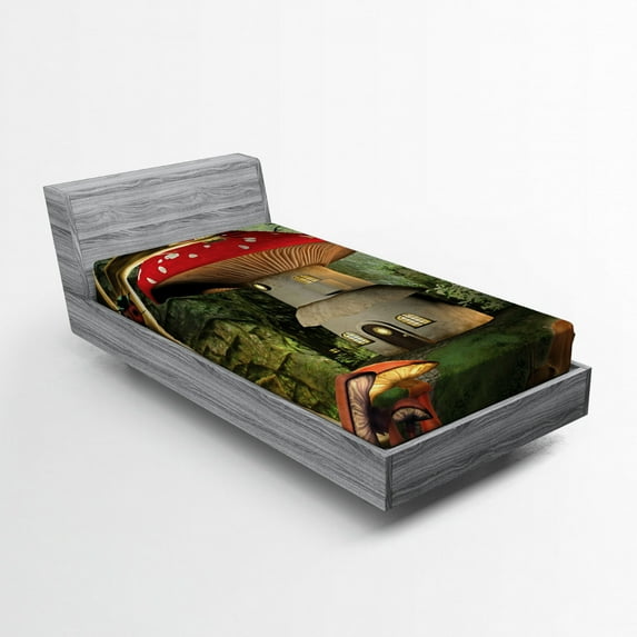 Mushroom Fitted Sheet, Shroom House in Enchanted Forest with Ladybug and Snail Whimsical Tree, Soft Decorative Fabric Bedding, Twin XL Size, Red Pale Coffee Green, by Ambesonne