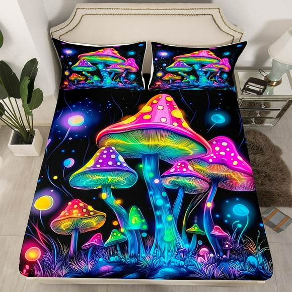 Mushroom Fitted Sheet Full Size,Trippy Mushroom Bedding Set,Neon Colorful Mushroom Bed Set Plant Botanical Bed Sheets Room Decor 3Pcs (No Flat Sheet)