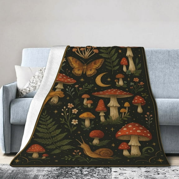 Mushroom Fleece Throw Blanket, Garden Plant Moon Butterfly Cozy Decor Nap Blankets Decoration Sofa Bed Couch Chair or Dorm 50x40