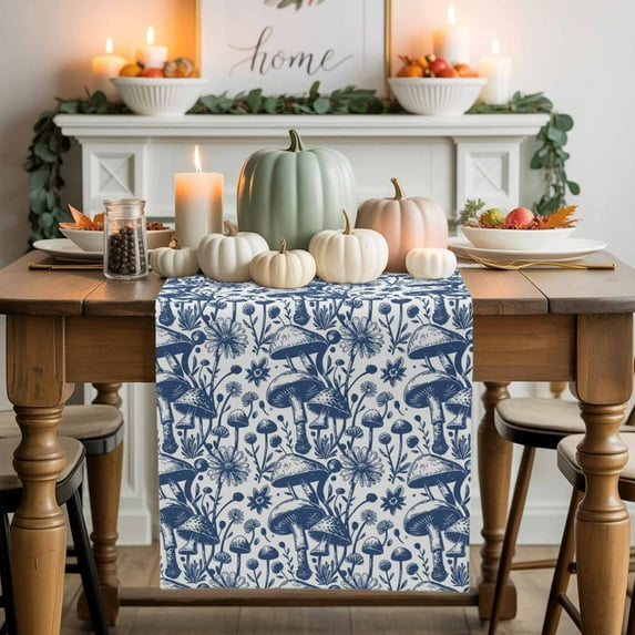 Mushroom Floral Table Runner, Autumn Thanksgiving Kitchen Dining Table Decoration for Home Party Decor 13x108 Inches